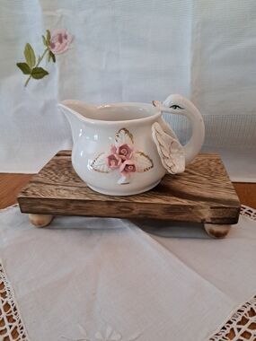 (Rare)Vintage White Swan Ceramic Creamer with Pink Rose Accents
